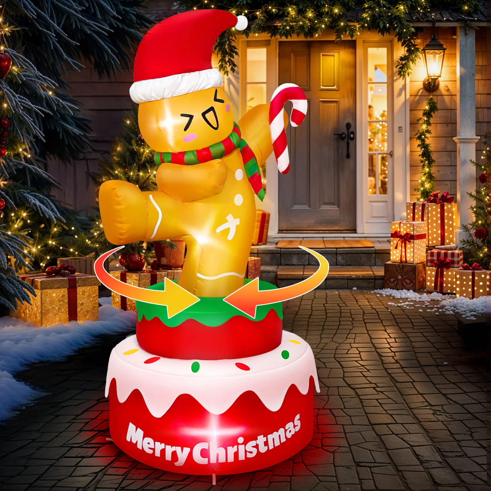 5FT Rotating Christmas Inflatables Outdoor Decorations, Gingerbread Inflatable with Candy Cane & Xmas Hat, for Garden Lawn Party