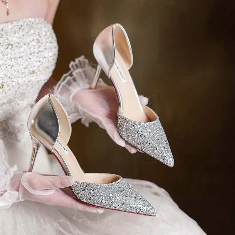 French Sequined Socialite Bar Mitzvah Stiletto Hollow Bridal Banquet Women's Shoes