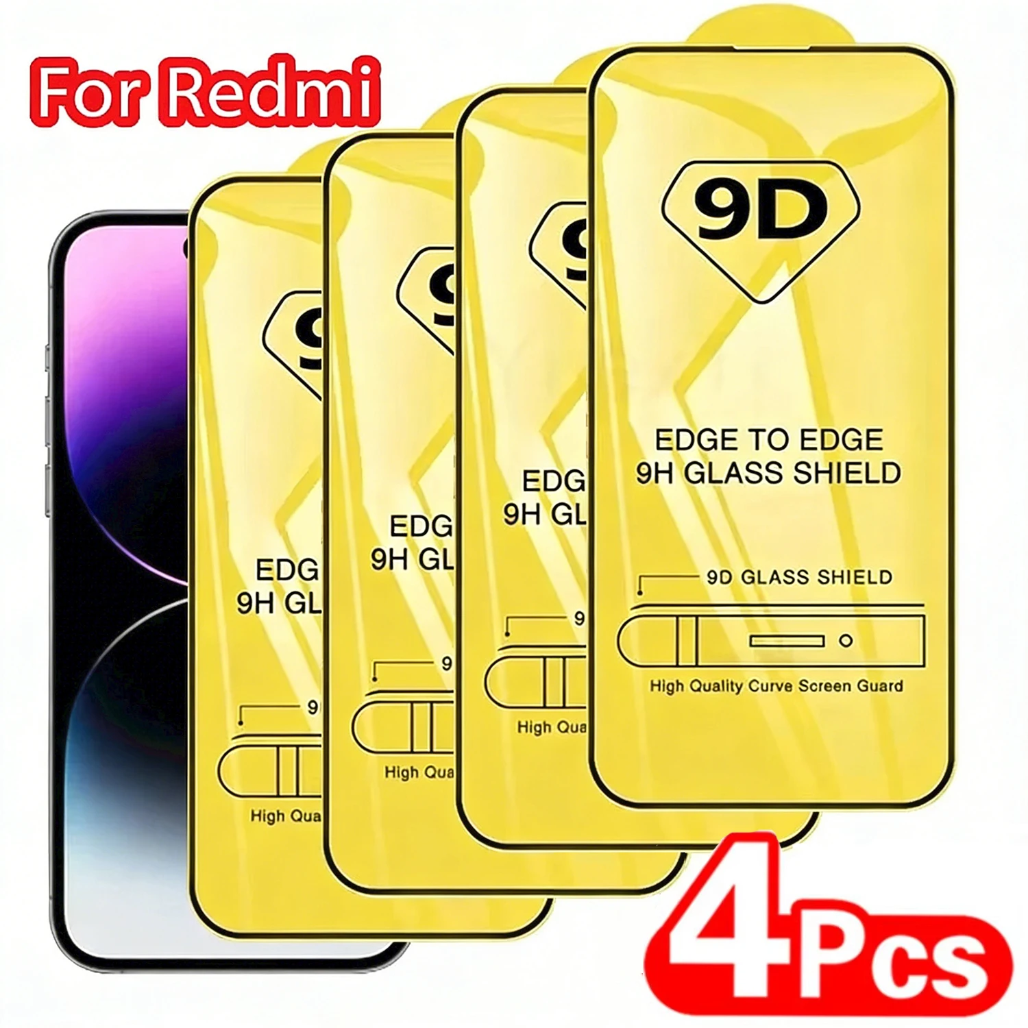

Защитное стекло 9D из закаленного стекла (4 шт.) для Redmi Note 13C, 11S, 10S, 14S, 14, 13, 9, 11, 7, 15C, 14C, 12, 10, 10X, 10, 9, 8 Pro, 7 Pro