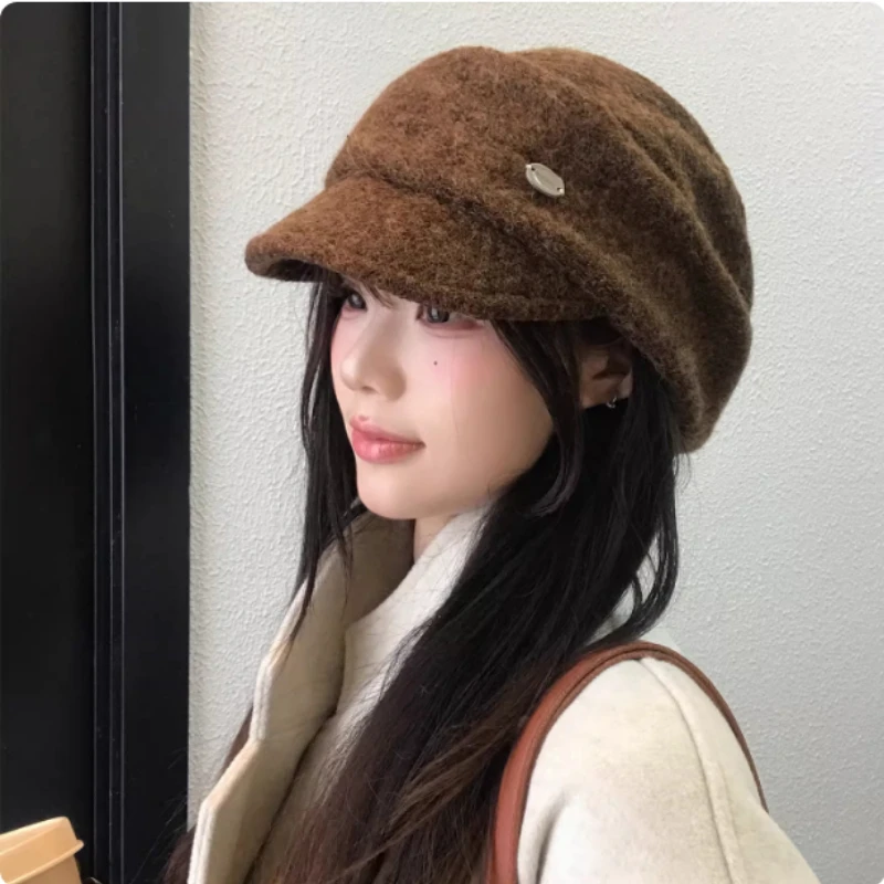

Корейская версия простой ретро-шапки-берета с плиссировкой, осенне-зимняя теплая шерстяная кепка-газетчица в британском стиле для женщин