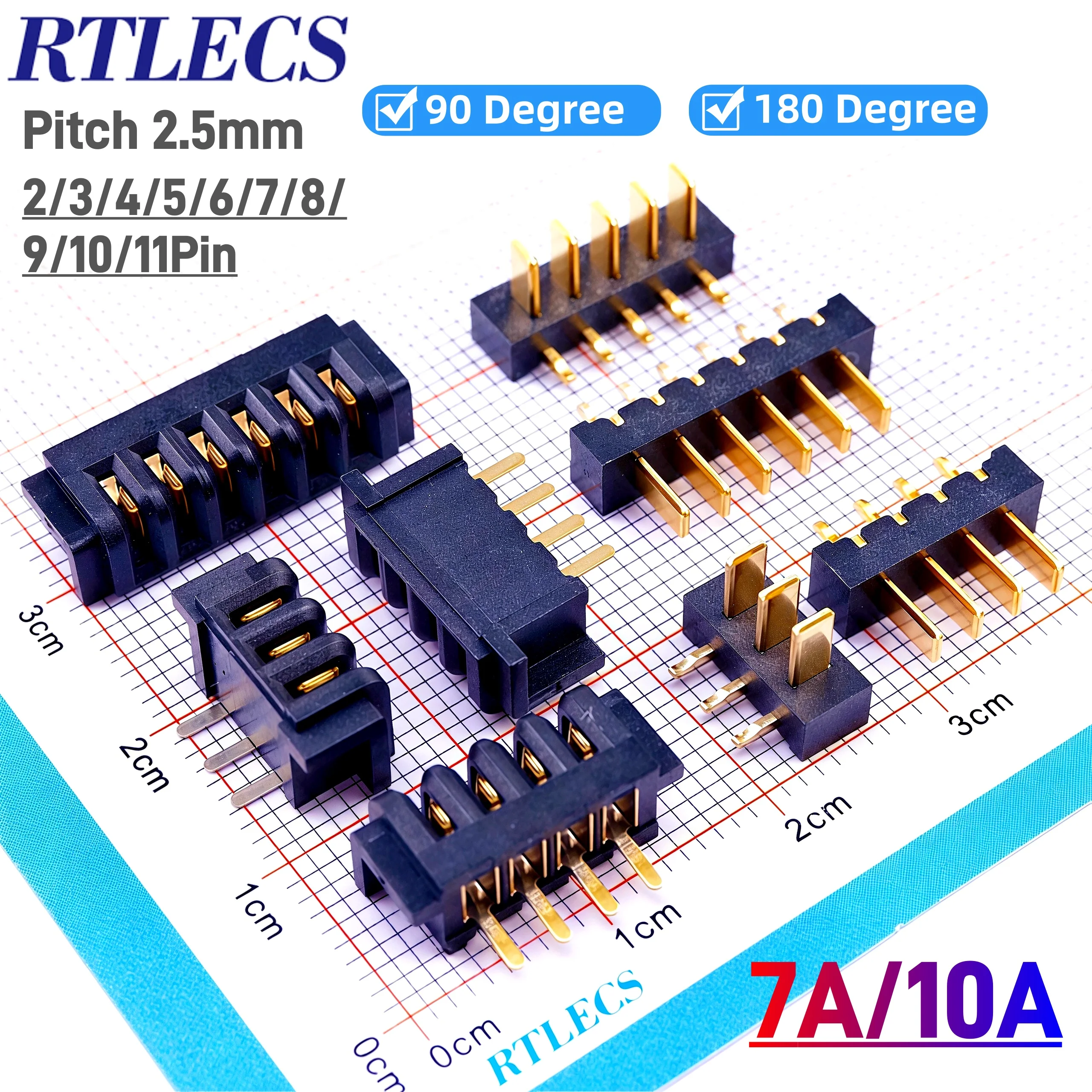 Image of Blade-Batteriesteckverbinder 7A Stromstärke Vergoldet 2/3/4/5/6/7/8/9/10/11 Pin Stecker Buchse 2,5mm Rastermaß Steckverbinder PCB Lötanschluss 3u"
