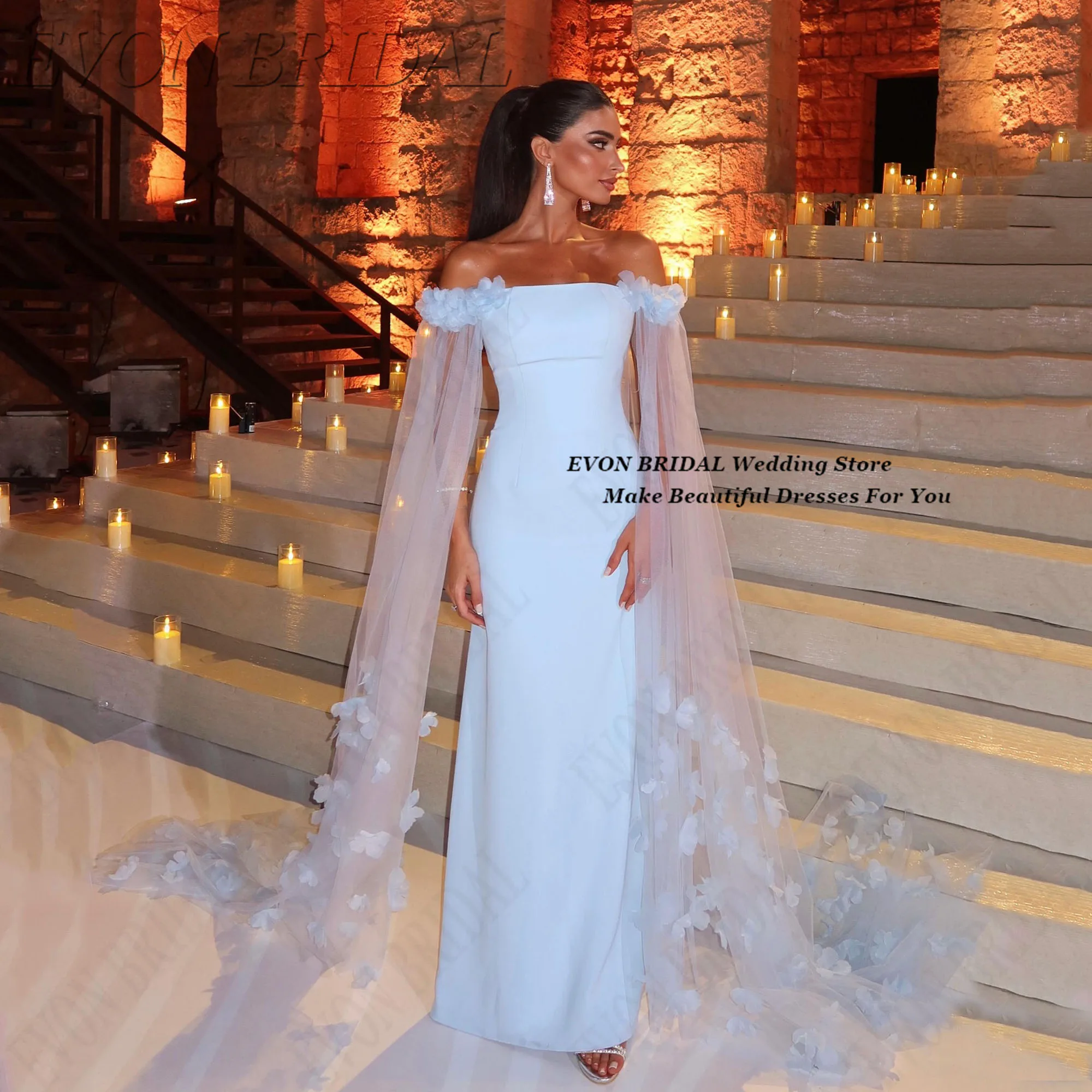 

Blue Flower Evening Dresses Customized Fashion Off the Shoulder Wedding Party Dress Women Saudi Arabia Prom Dress EVON BRIDAL