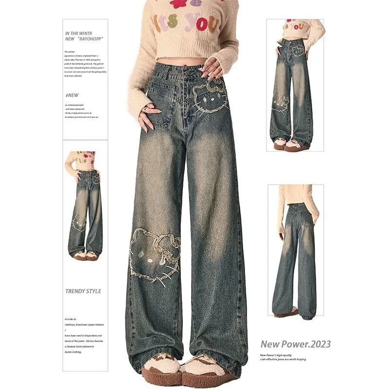 Sanrio Hellokitty Summer New 2025 Cartoon Printing Cute Student Jeans Cropped Pants Versatile Loose and Thin Holiday Gifts