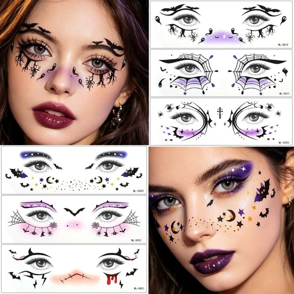 Spider Web Halloween Face Tattoo Sticker Waterproof Realistic Halloween Face Temporary Tattoo Ghost Bat Long Lasting