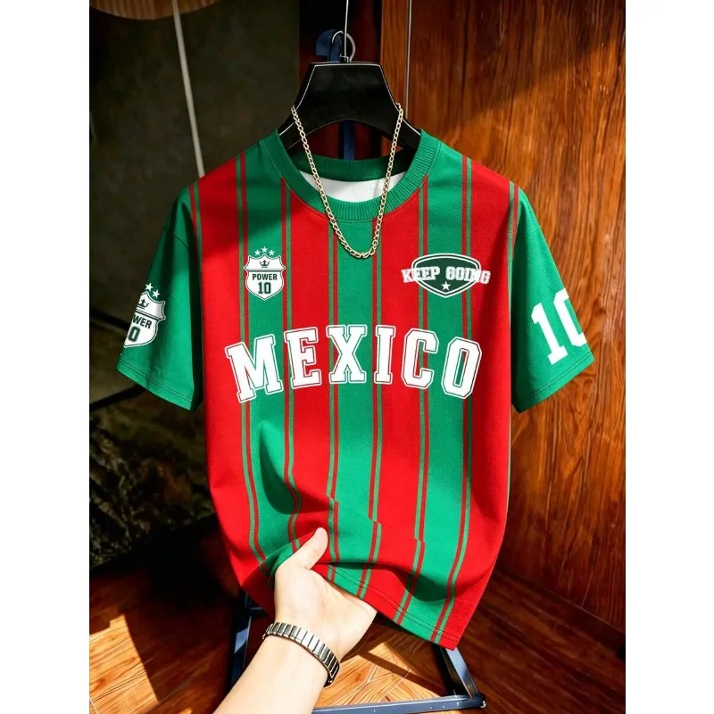 2026 Camiseta de Fútbol Unisex con Estampado 3D de Rayas Verticales Rojas y Verdes, Temática de México, Número 10, Cuello Redondo, Secado Rápido, Transpirable, Estilo Casual