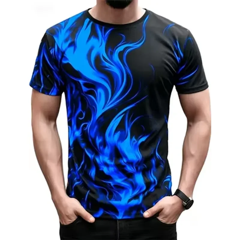 2026 Trendy Men's Short Sleeve 3D Printed Flame Pattern Streetwear T-Shirt with Round Neck for Casual Everyday Wear