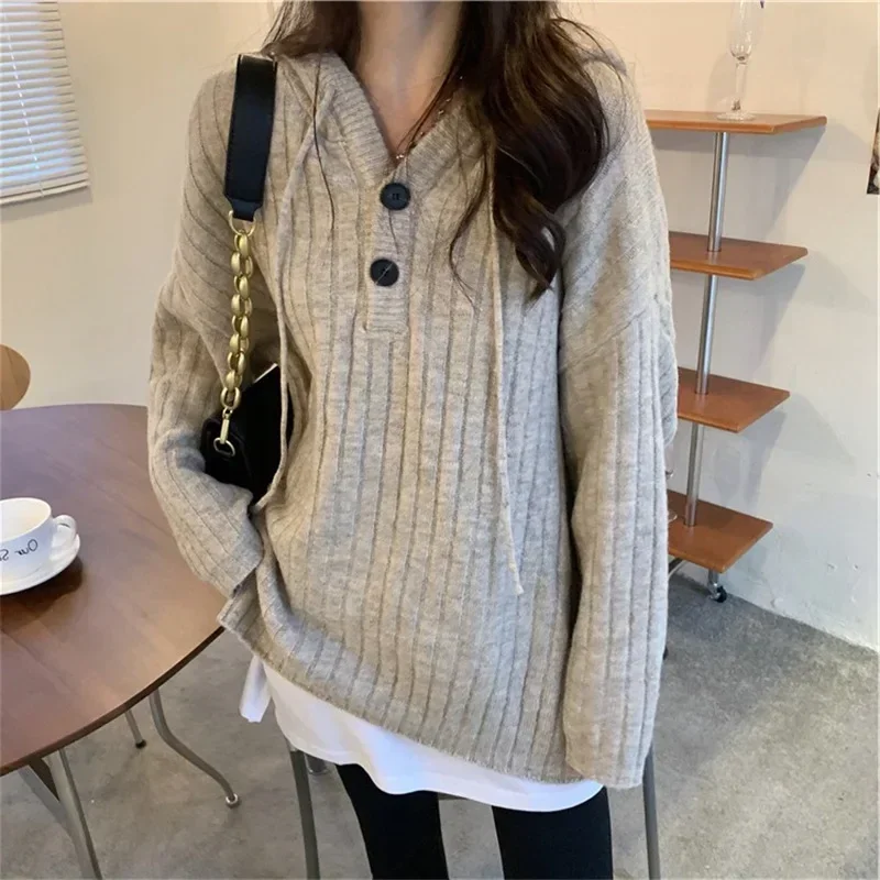 Women's Casual Hooded Knitted Sweater, Simple Two-Button Coats, Lazy Wind Pullover, Monochromatic, Autumn, Winter