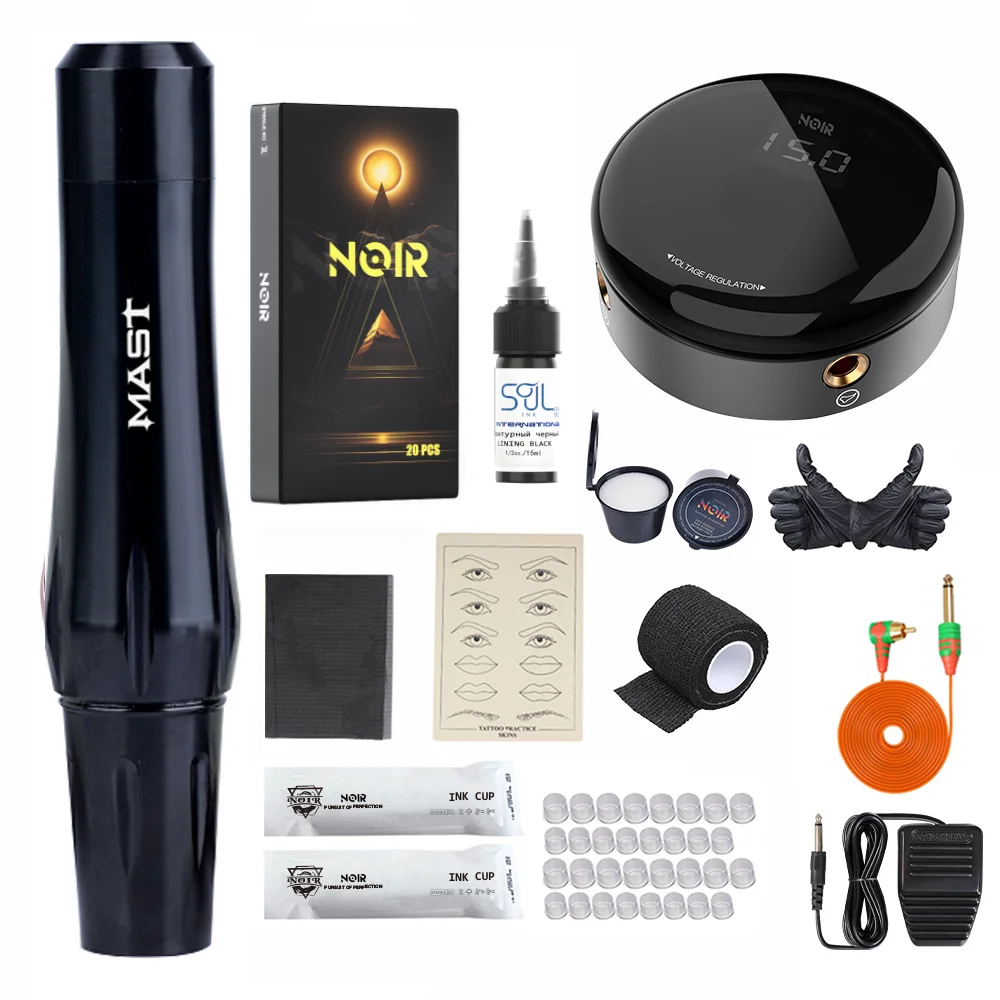 

Mast P30 Tattoo Kit RCA Plug Permanent Makeup Machine OLED Display Power Supplies 0.5 OZ Black Ink Noir 1RL Cartridge Needles