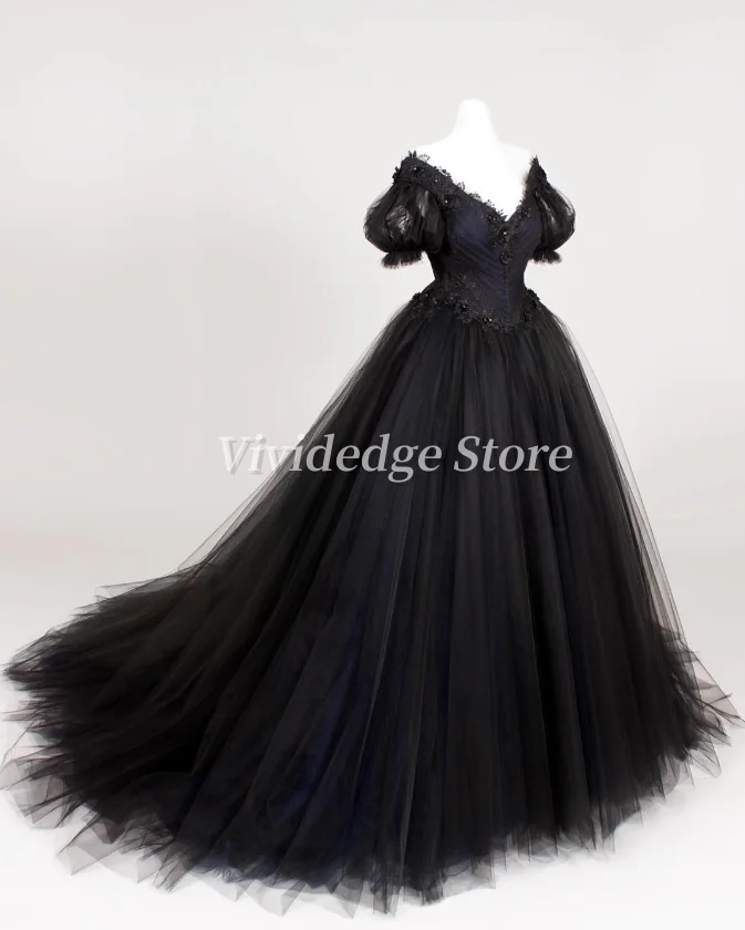 

Customized Black Romantic Gothic Wedding Dresses Black Tulle Wedding Corset V-Neck Bridal Gowns Elegant Evening Gowns
