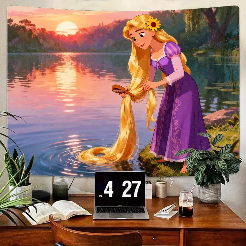 

1PC Disney Tangled Rapunzel Tapestry Magical Sunset Lake Wall Art Aesthetic Polyester Decor for Girls Bedroom Living Room Gift
