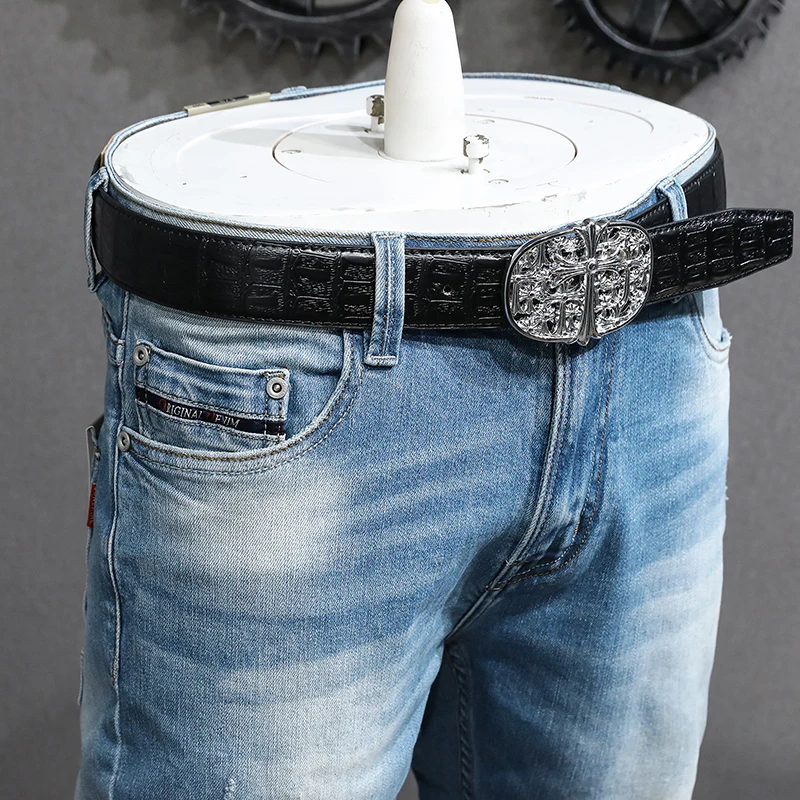 Newly Fashion Designer Men Jeans Retro Light Blue Stretch Slim Ripped Jeans Men High Quality Vintage Casual Denim Pants Hombre