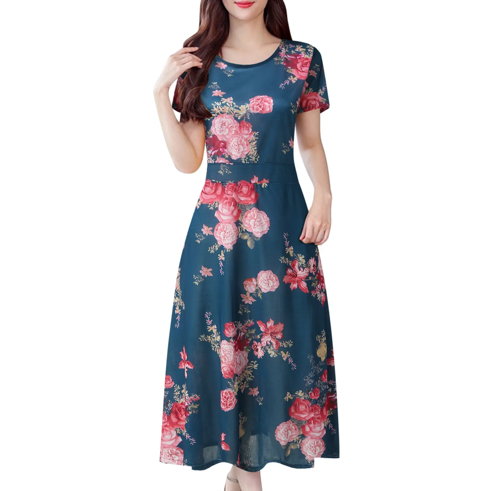 Bohemian Floral Drucken Schaukel Kleid Für Frauen Mode 2023 O Hals Kurzarm Plain Fit Einfache T Hemd Lose Flowy kleid