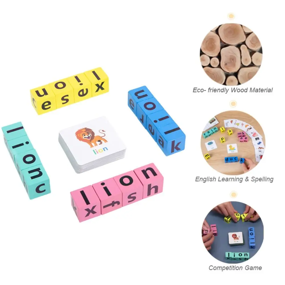 Drewniane kartki edukacyjne do nauki czytania i pisania, gra w pisownię słów, klocki do pisowni liter, puzzle, angielskie słowa, karty, gra w pisownię alfabetu.