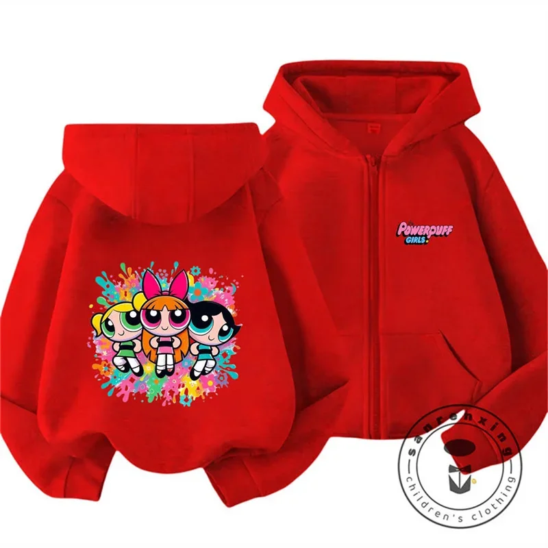 الكرتون Powerpuff الفتيات صبي فتاة قلنسوة بسحاب دعوى ربيع الخريف الاطفال مقنعين ملابس رياضية Setspants الأولاد الملابس 2-14 سنة