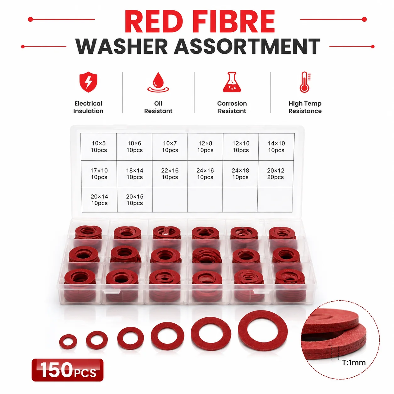 150 Pieces of Red Steel Paper Flat Gasket ID5-18mm OD10-24mm Insulated Pipeline Sealing Gasket for Grid Portable Repair Box
