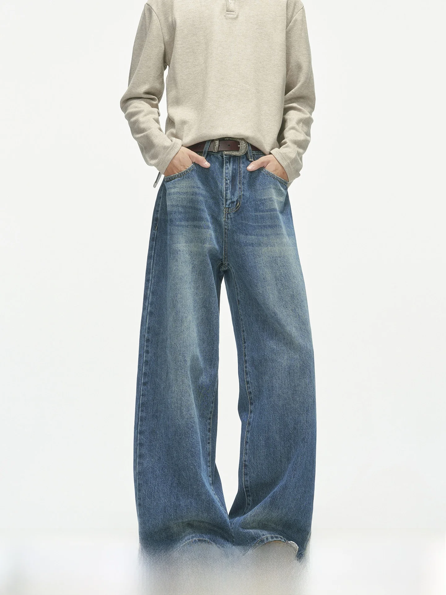 Gradual Washed American Style Men's Jeans Straight Leg Commuter Long Trousers Comfortable Fit Casual Cotton Denim Pants