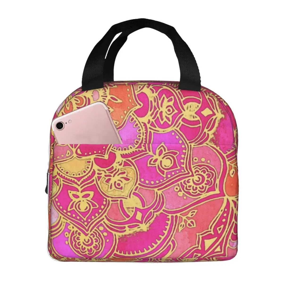 Hot Pink And Gold Baroque Floral Pattern Lunch Bag Men Women Cooler Warm Insulated Lunch Boxes for School