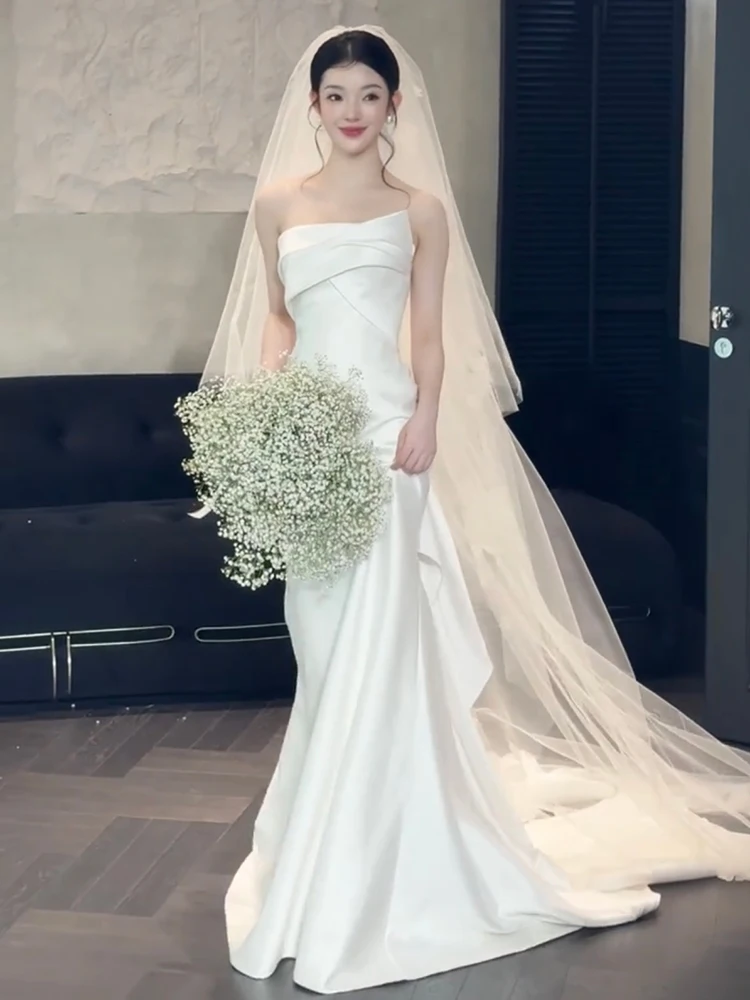 

Элегантное атласное свадебное платье без бретелек с коротким шлейфом для помолвки, белое, длинное, для молодых женщин