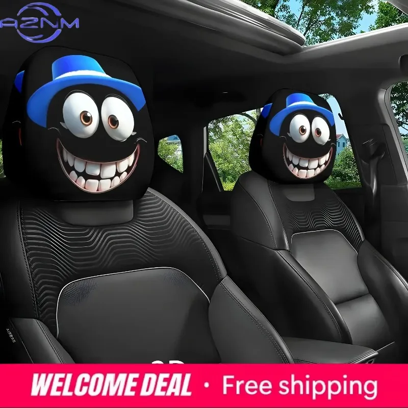 2Pcs Blue Hat Smiling Cat Printed Car Headrest Covers Funny Black Big Eye Expression Seat Headrest Protective Cover Car Decor