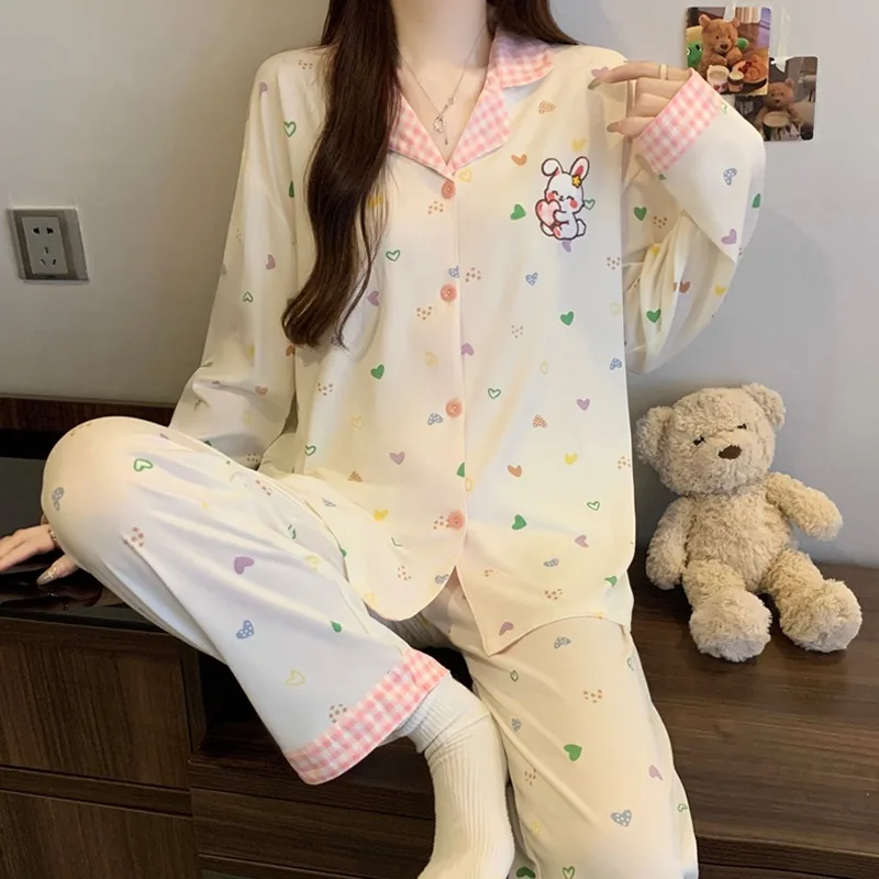 

Spring/Autumn Cartoon Heart Rabbit Print Womens Pyjama Set Cute Comfort Y2K Sweet Style Loungewear Lapel Two-Piece Set Sleepwear