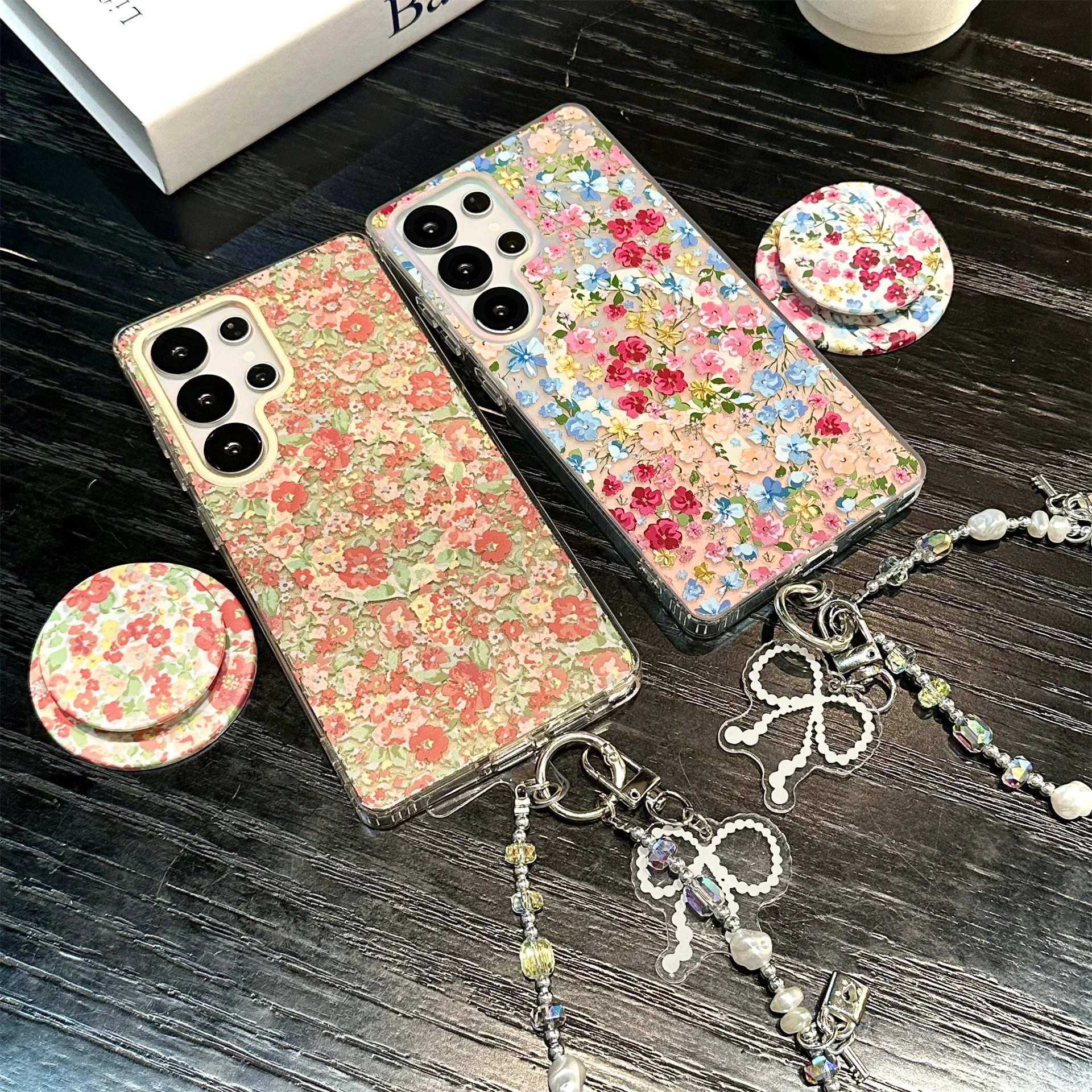 

Back Cover For Samsung Galaxy S26 S25 Ultra S24 Plus S23 Case Colorful Flower Bracket Magnetic Attraction Wristband Chain Case