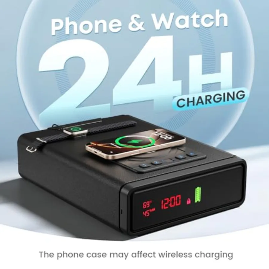 Biometric Fingerprint Gun Safe with Phone and Watch Wireless Charging 3 Quick Access Clock Handgun Safe with Adjustable Brightn view 4