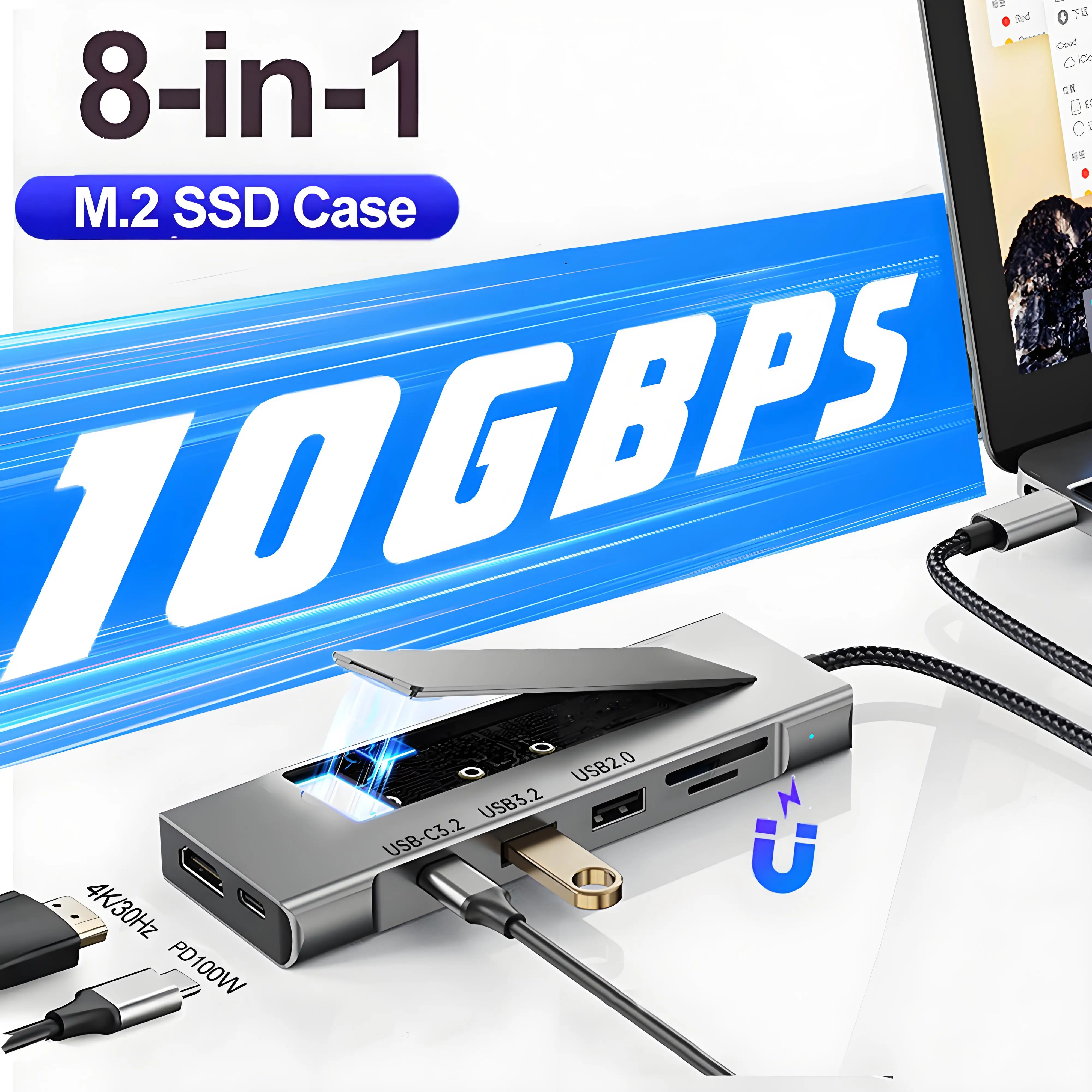 

M.2 SSD Enclosure 8-IN-1 USB C Hub Splitter PD100W Extension Docking Station 10Gbps M2 NVMe SATA External Case 4K HDMI-compatibl