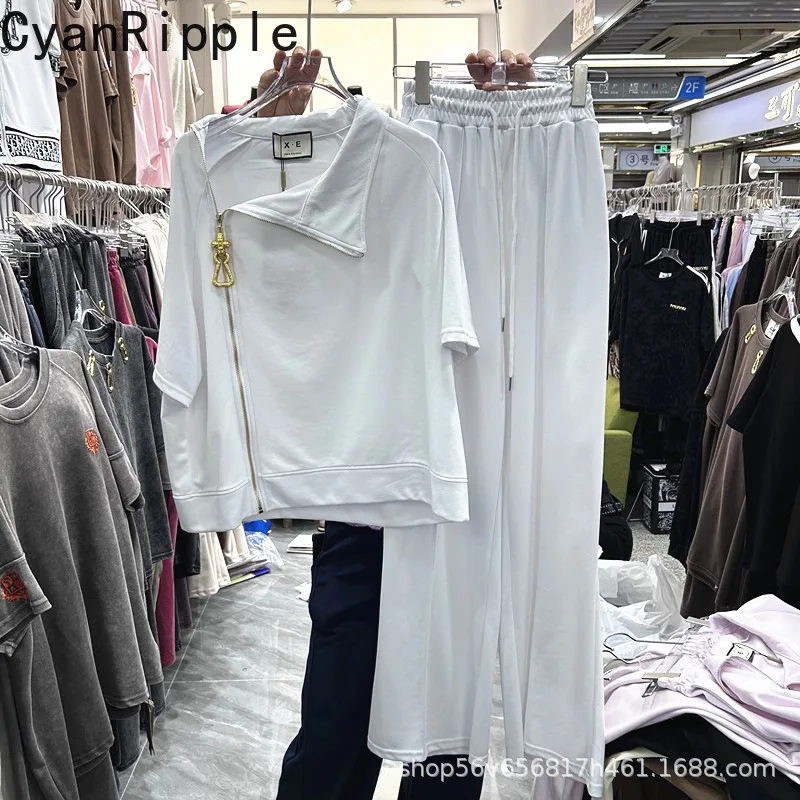 

Fashionable Summer Women Two-piece Set Metal Zip Loose Short Sleeve T-shirt Top + Elastic Waist Wide Leg Casual Straight Pants