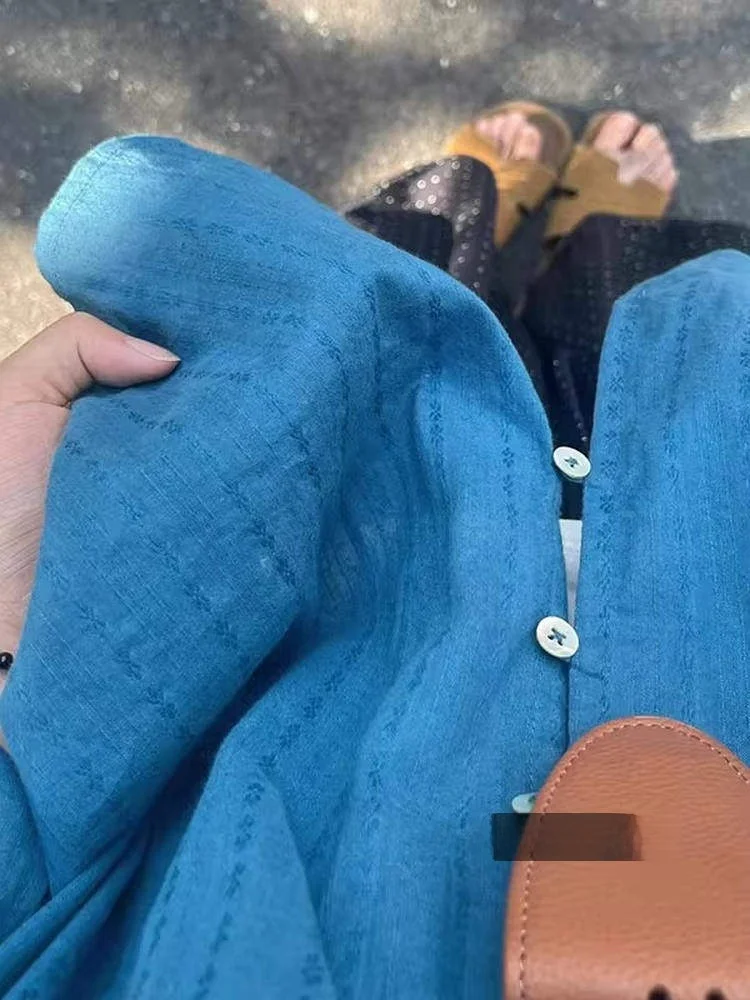 

Loose Women's Blue V-Ne Lantern Sve Sun Protection irt Outerwear Spring Season Breathable Comfortable Pure Color Top