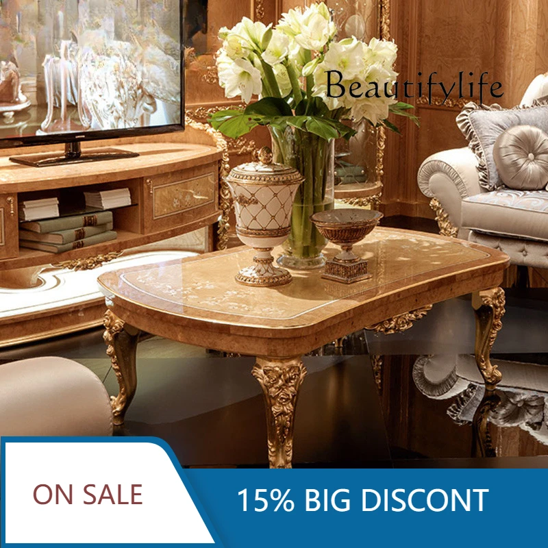

European Court Living Room Furniture Solid Wood Carving Flower Coffee Table With Natural Shell Parquet Coffee Table X
