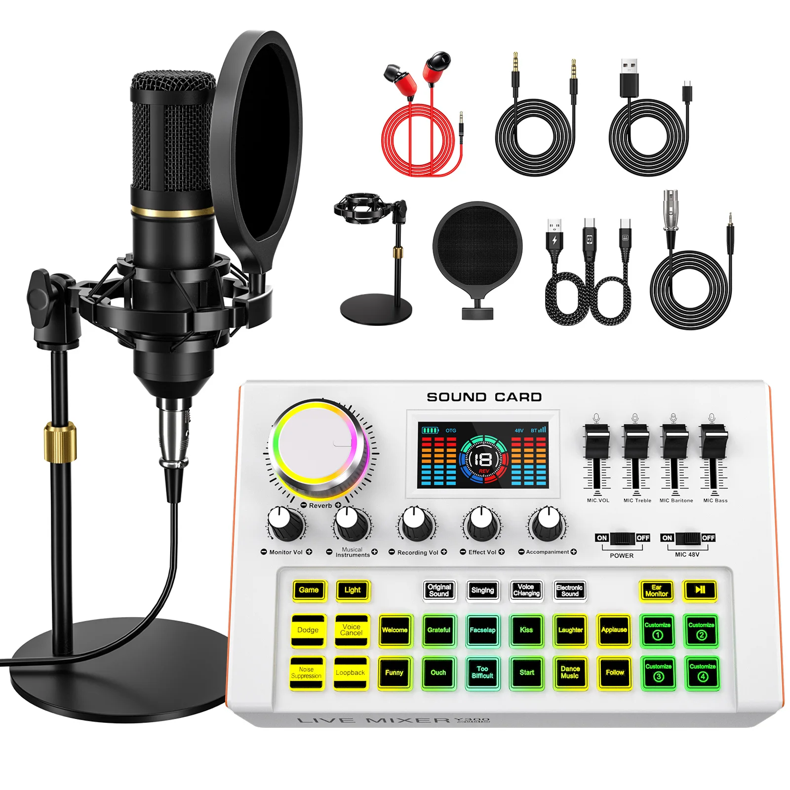 TENLAMP Y300-BM800 Podcast Microphone Bundle Professional Studio Condenser Mic with Live Sound Card And Audio Mixer for PC Phone Gaming Live Streaming Karaoke DJ Vlog Music Recording 3.5mm