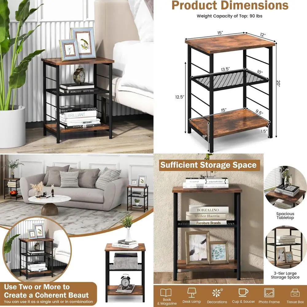 

Set of 2 Industrial-Style Telephone Tables with Mesh Shelves, Wooden Side Tables, Adjustable Feet for Small Spaces, Rustic Brown