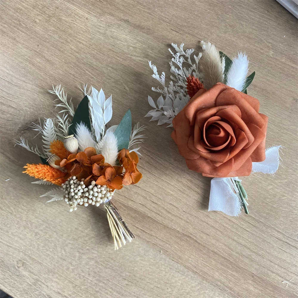 Mini Natural Dry Flowers Bouquet Boutonnieres Groomsmen Buttonholes Bridesmaid Flower Corsage Brooch Christmas Wedding Decor