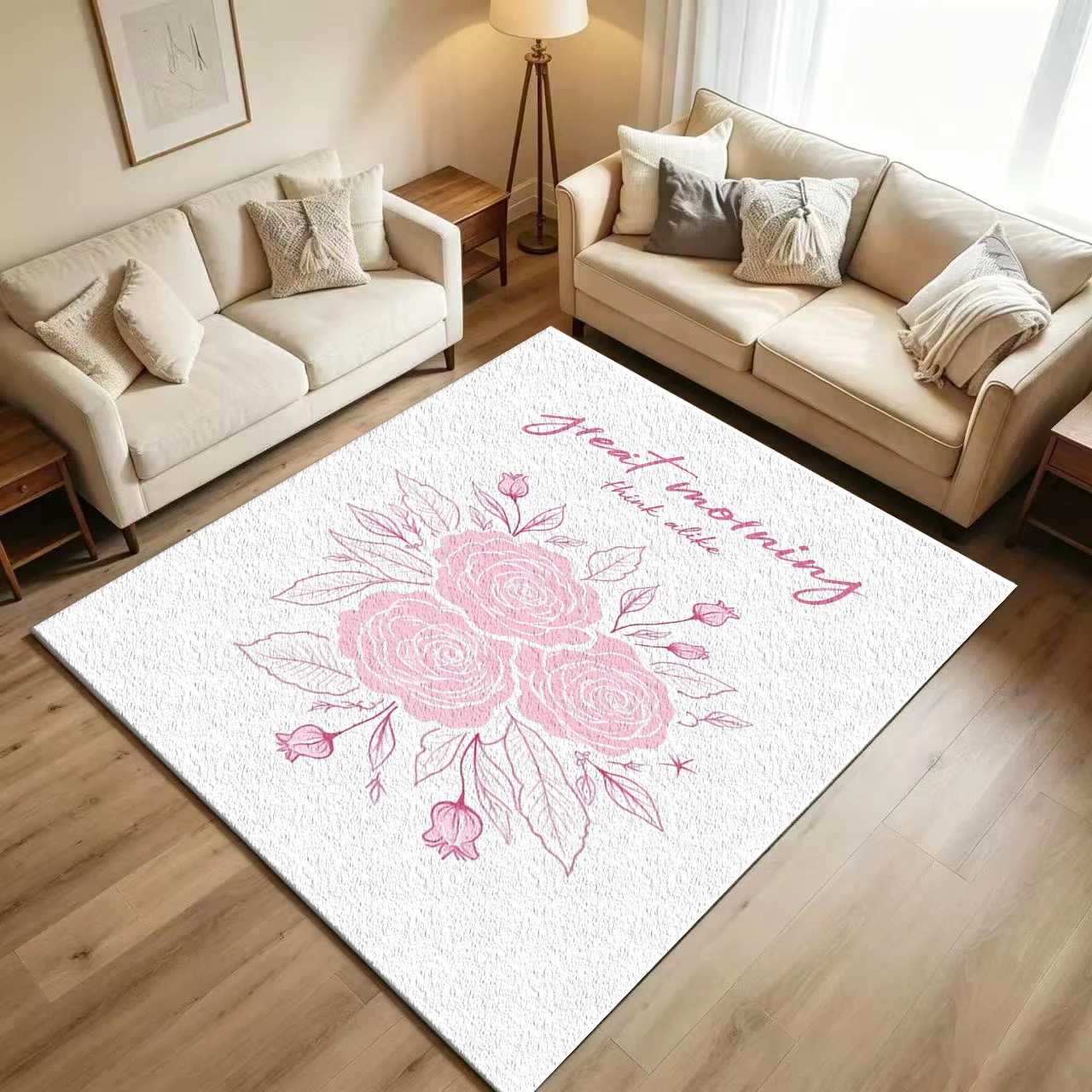 Soft Pink Line Art Rose Carpet Flooring Gentle Hand Drawn Floral Cursive Letter Art Pattern Printed Floor Rug for Household Indoor Sweet Aesthetic Home Decor