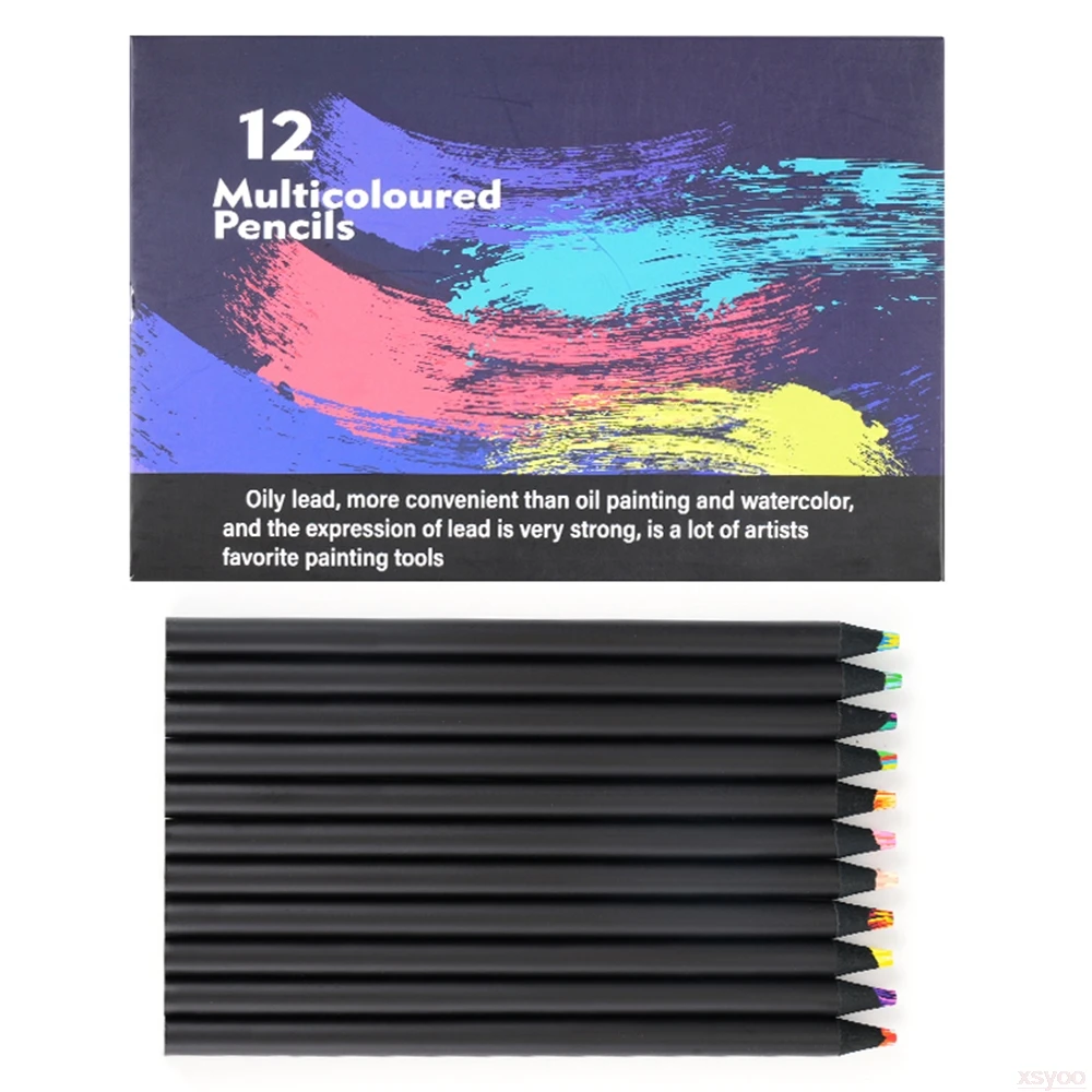 12 Multicoloured Pencil Rainbow Core Color Pencils Black Wood Concentric Gradient Crayons For Adult School Painting Art Supplies