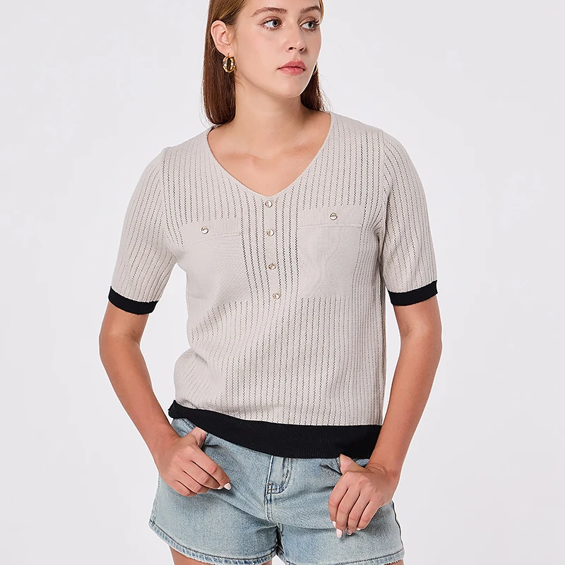 Short Sleeve Women t-Shirt V-Neck Casual Tops Elegant t-Shirts for Women Hollow Out Knitted Top Button Thin Knit Tee Ladies 2024