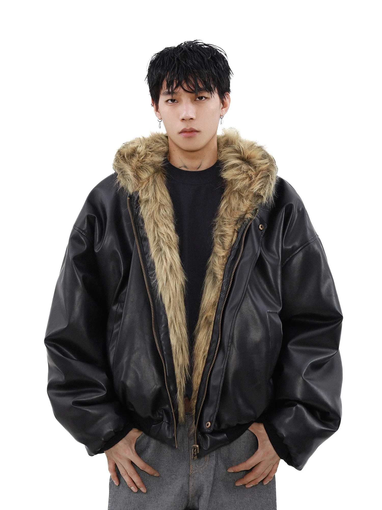 

American Sle Thiened Winter Cotton Jaet Men's Double-sided Wear Leather Fur Inteated Coat Couple Sle Warmth-insulat...