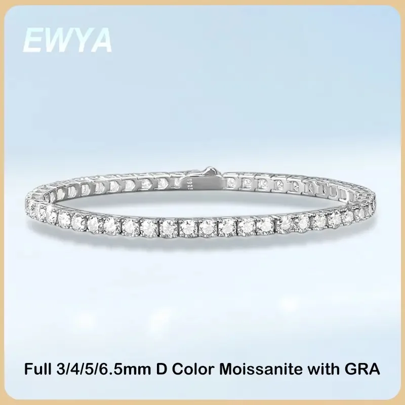 EWYA 2024 New In GRA Certified 3/4/5/6.5MM White Full Moissanite Tennis Bracelet for Women Men 925 Silver Diamond Link Bracelets