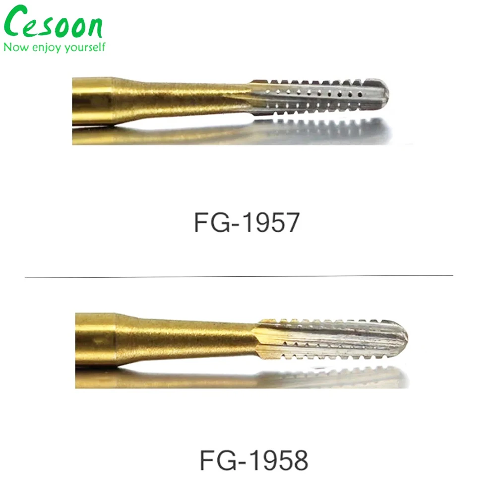 10 pçs/caixa dental carboneto bur alta velocidade aço de tungstênio coroa metal corte burs fg1957/fg1958 banhado a ouro materiais de laboratório dentista