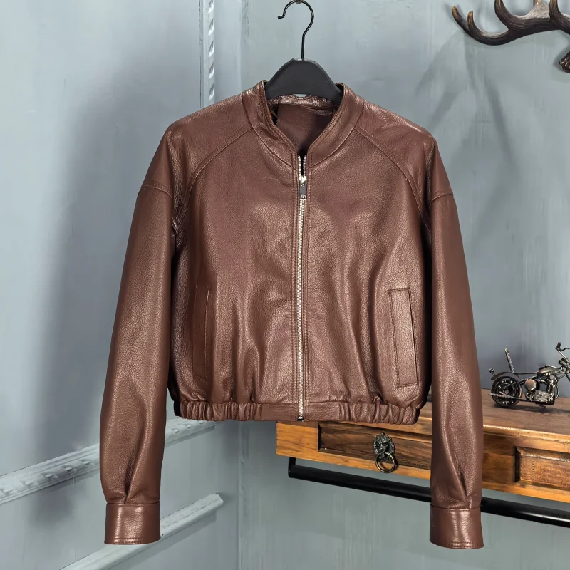 เสื้อแจ็คเก็ตหนังแท้สำหรับผู้หญิง ฤดูใบไม้ผลิ 2026 ทรงหลวม สไตล์มอเตอร์ไซค์  แขนยาว  แบบมีซิป