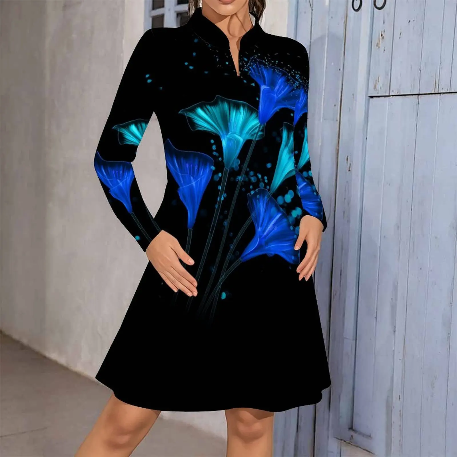 Spring Summer Elegance Fashion Party Dress Women'sstand Collar Printed Commuting Beach Vacation Knee-length Skirt