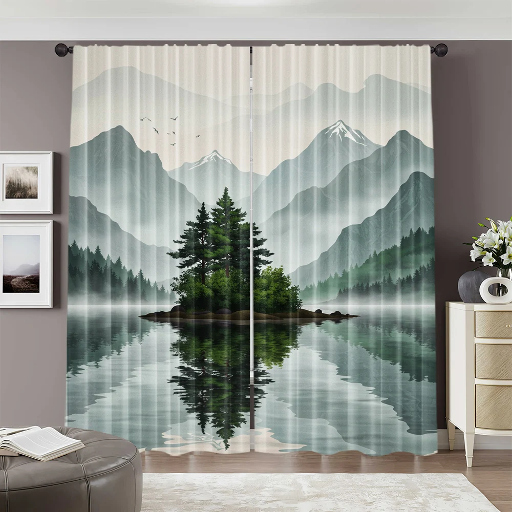 2pcs, spring summer Curtains Fog Forest Art Digital Print Drapes Durable 100% Polyester Fabric All Seasons Ldeal for Bedroom,