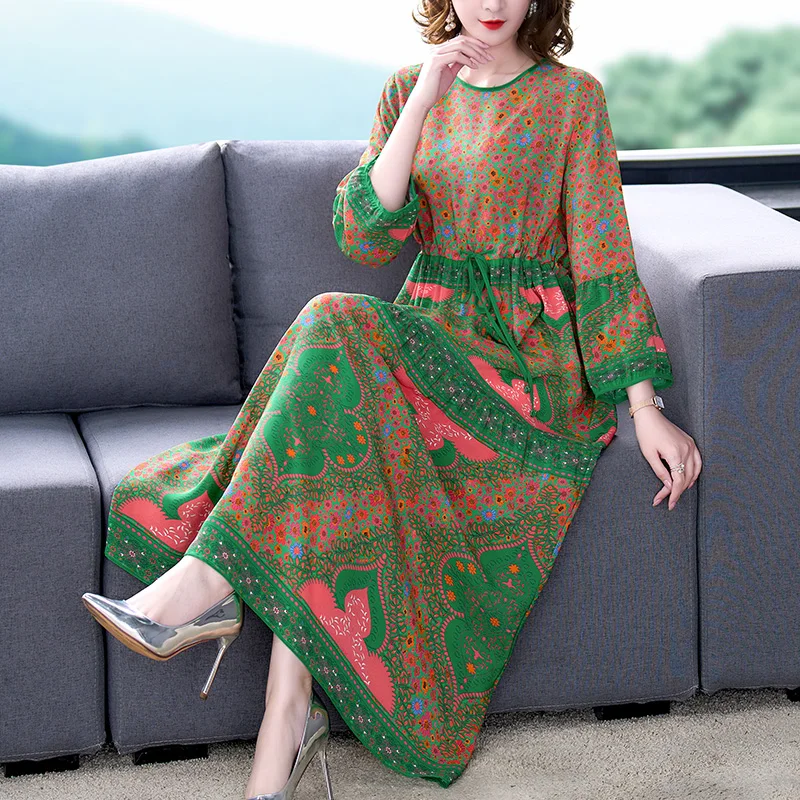 

Spring Summer Floral Natural Silk Midi Dress Women Korean Vintage Casual Party Dresses 2022 Elegant Loose Waist Plus Size Dress