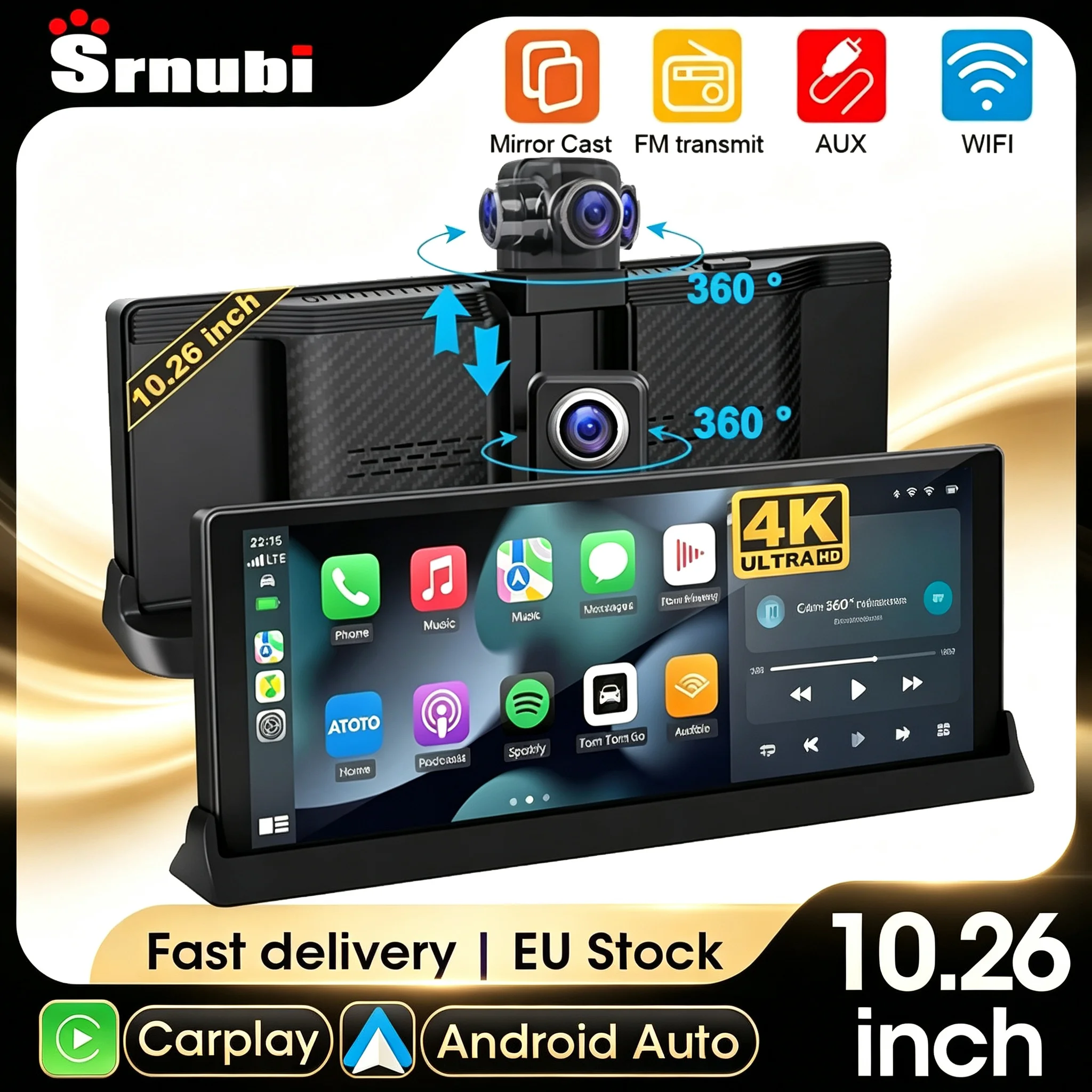 Srnubi 10,26-calowy rejestrator samochodowy 4K ADAS z funkcją 360 ° Obrotowa kamera samochodowa z bezprzewodowym CarPlay, Android Auto, Mirror Link, BT, WIFI, AUX, FM, montowana na desce