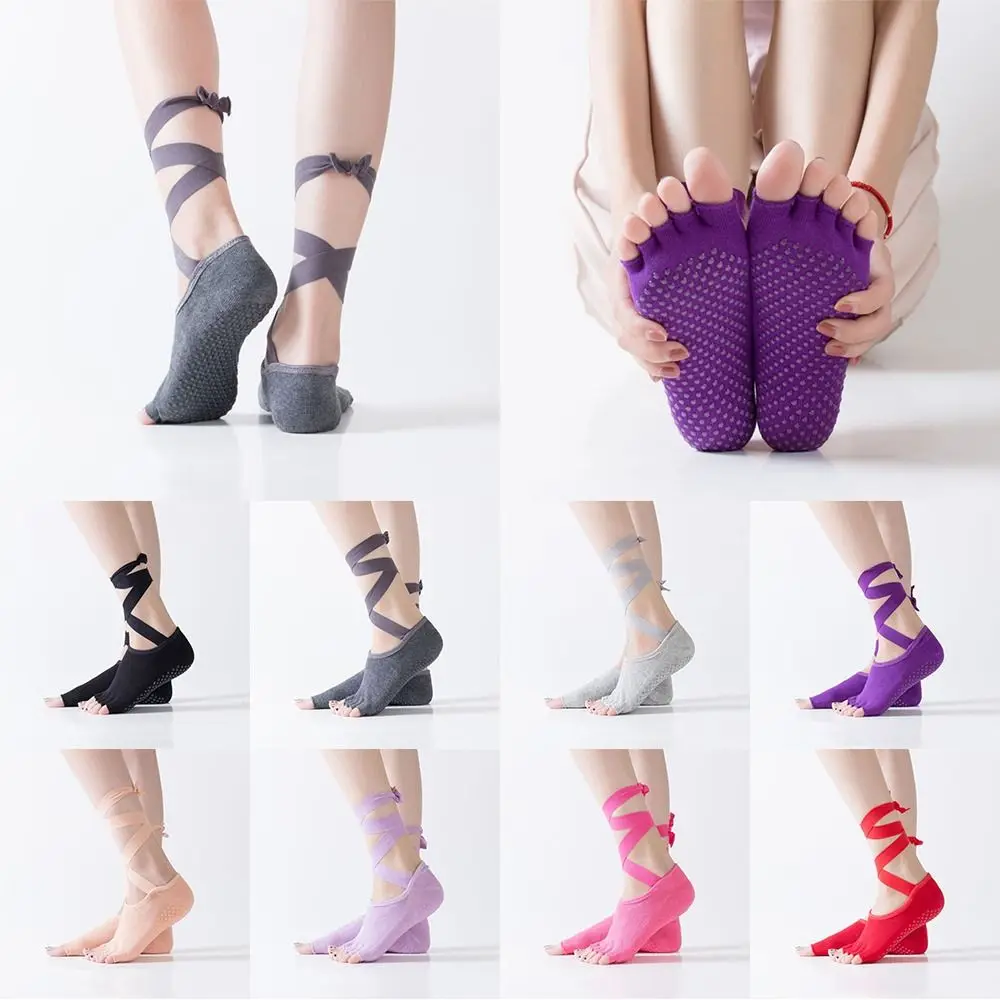 

Lace-Up Yoga Socks Quality Cotton Anti-Slip Sports Socks Breathable Elasticity Pilates Socks Ladies