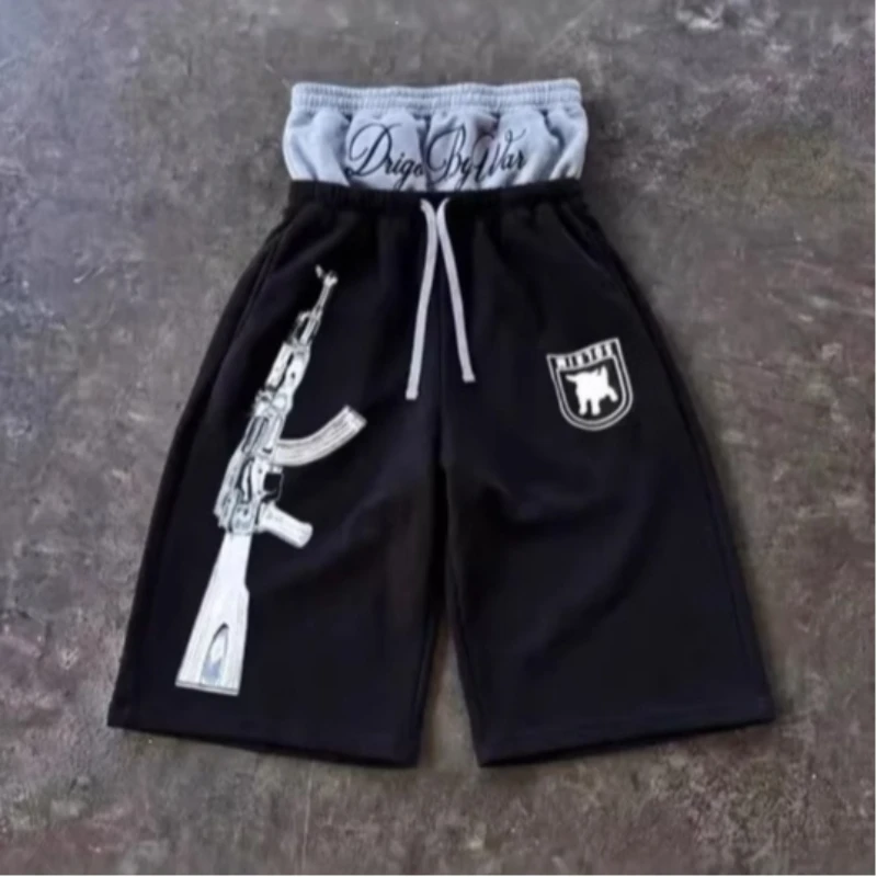 

Street American-style Hip-hop Printed Shorts Mid-length Pants Loose Dark Punk Retro Trendy Casual Shorts Solid Color