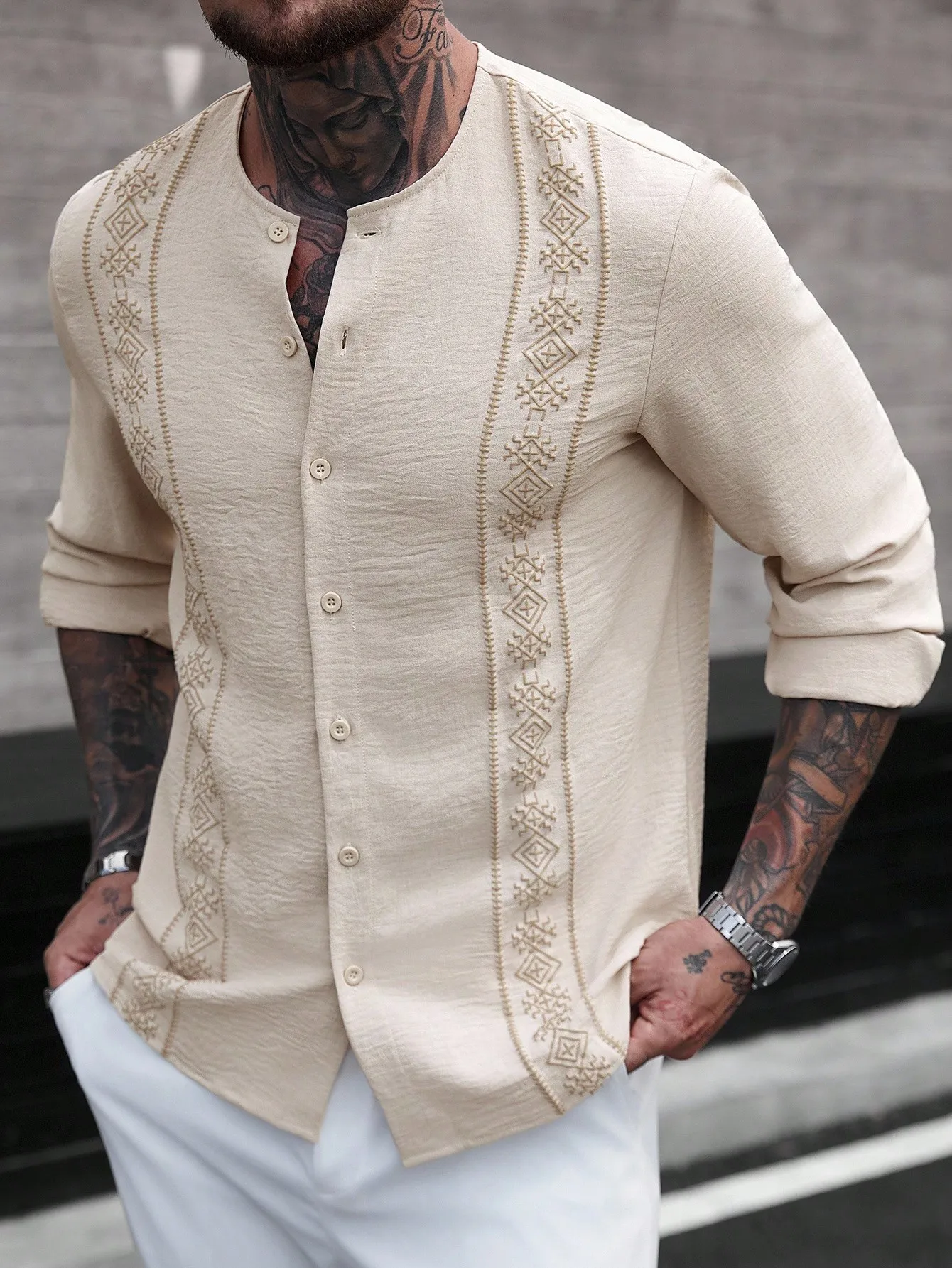 

Men's Beige Crinkle Linen Shirt with Ethnic Embroidery, Button-Front Casual Long Sleeve