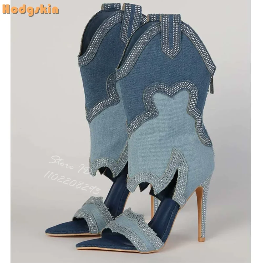 

Crystal Denim Western Boots Sexy Patchwork Pointed Toe High Heels Back Zipper 2025 Summer New Women Large Size Stiletto Sandals