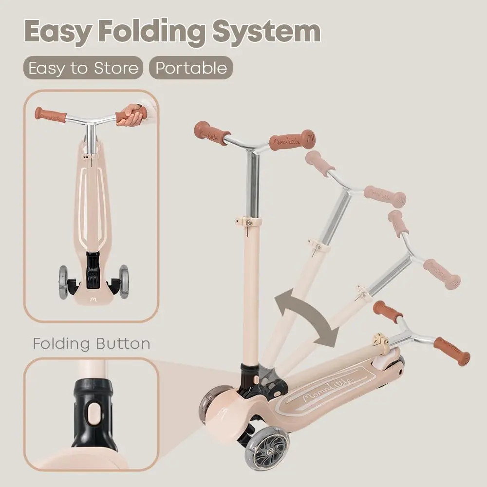 Hulajnoga dla dzieci w wieku 3-10 lat (beżowa/różowa/zielona/biała) 3-kołowa z kołami podświetlanymi LED Certyfikat CPSC Składana i 4 wysokości