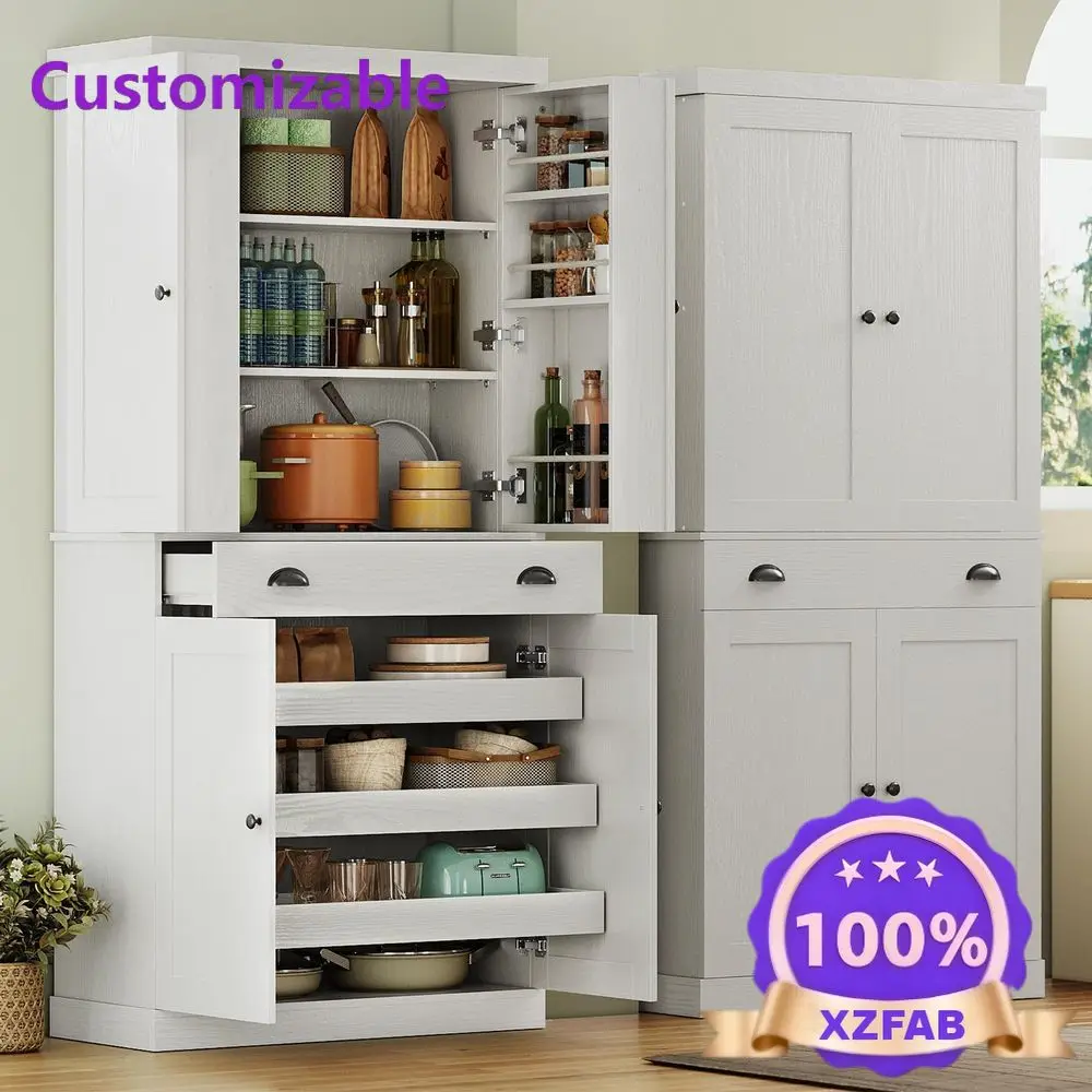 Factory Direct 2026 Kitchen Pantry Cabinet 72 Height, Freestanding Cupboard with Drawer, Sliding Storage Rack, and 6 Hanging